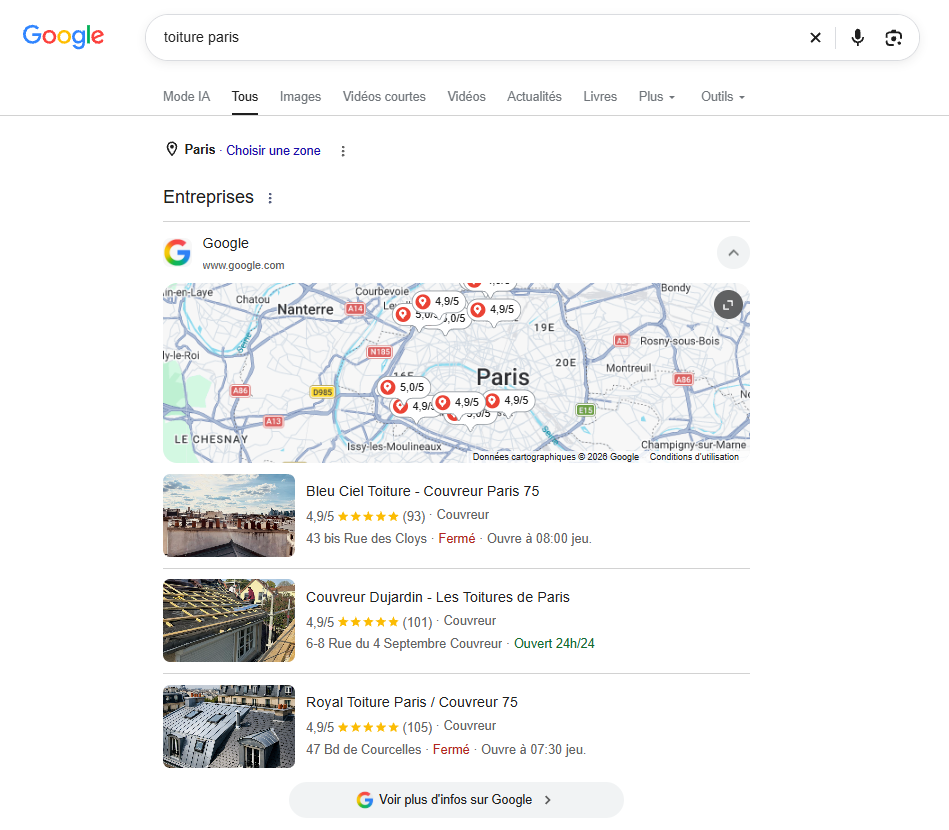 Exemple de pack local Google avec le mot-clé dans le nom de l'entreprise